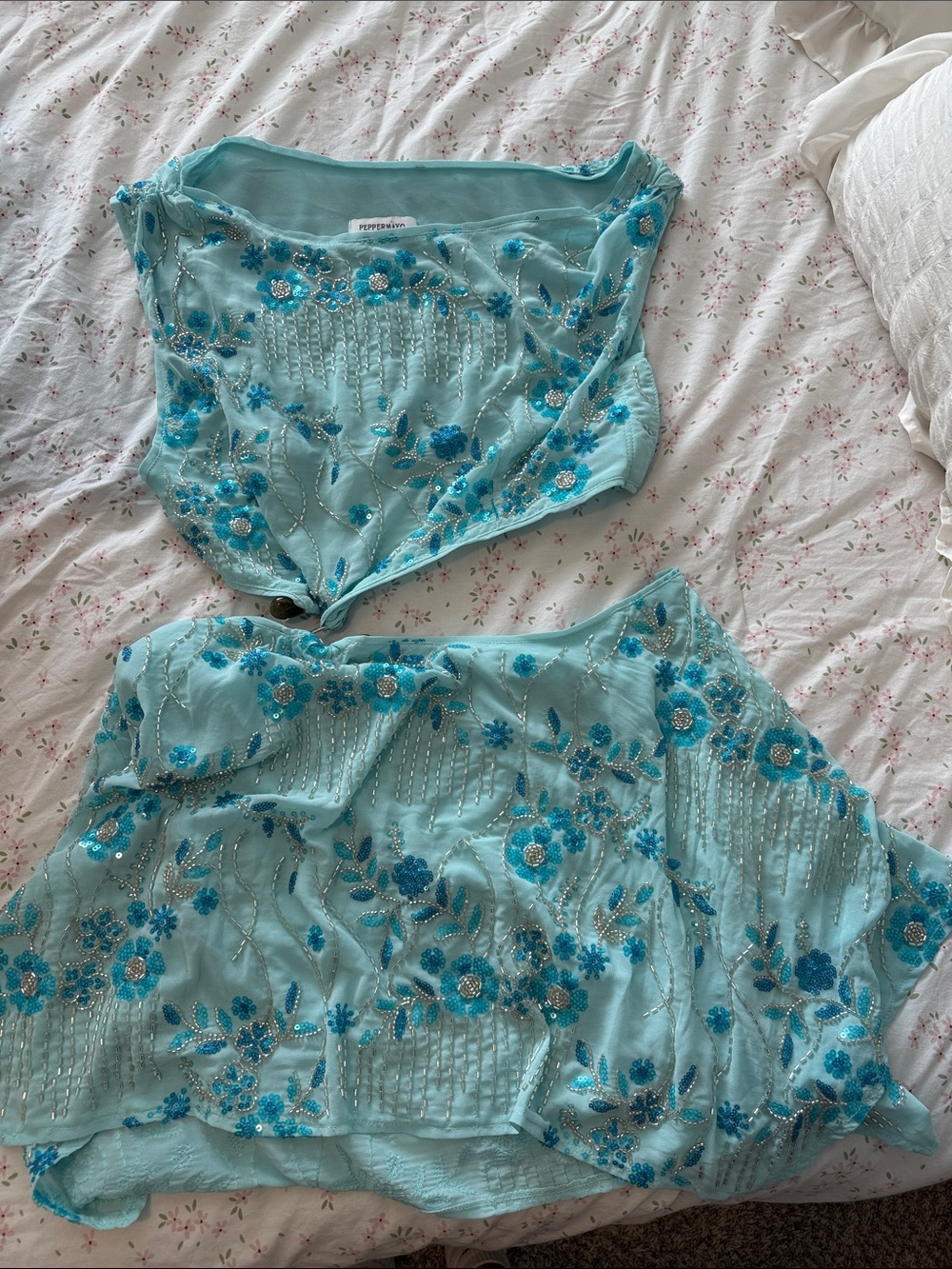 Peppermayo Aqua Blue Embroidered Bandeau Top and Skirt Set